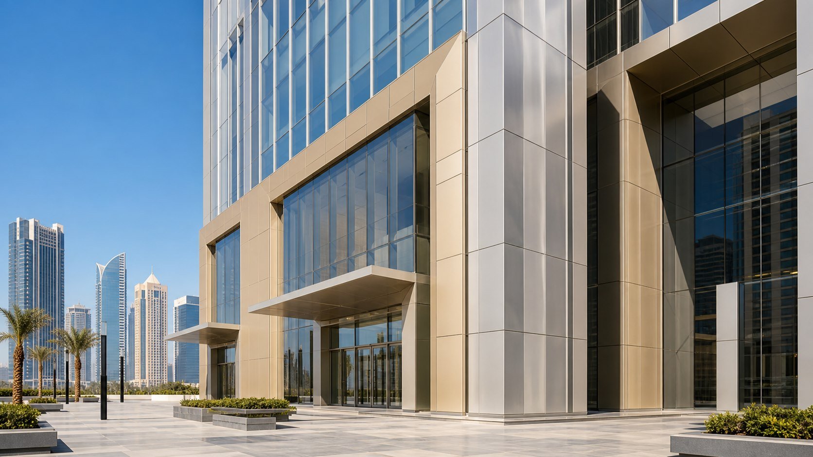 Office tower exterior clad with solid aluminum facade panels